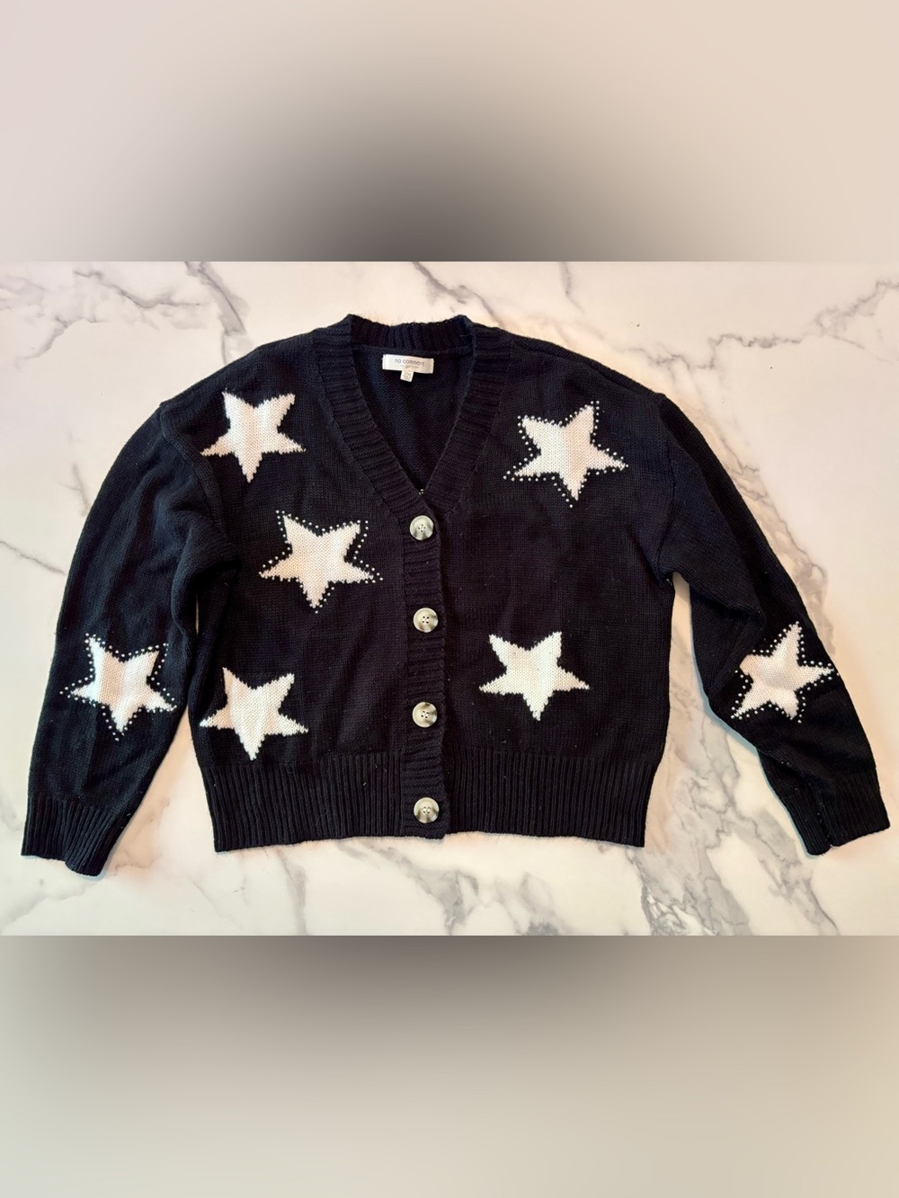 Girls Black Star-Print V-Neck Button Cardigan